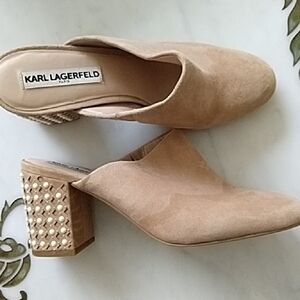 Karl Lagerfeld Nude Suede Studded Block Heel Mules